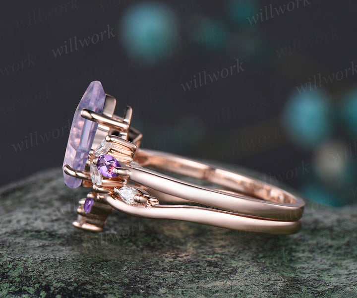 Kite cut Lavender amethyst ring set vintage opal moissanite cluster engagement ring curved matching band bridal set gifts