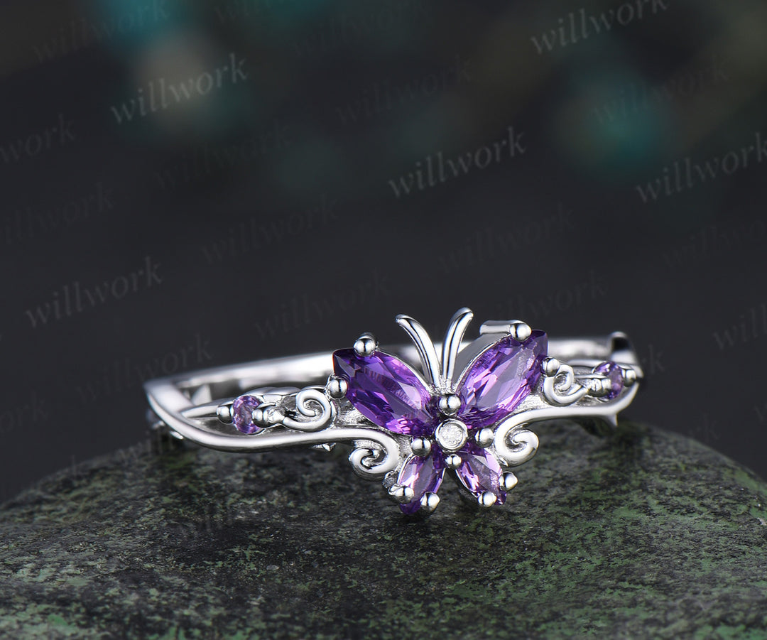 Butterfly Amethyst Engagement Ring solid 14k white gold February birthstone branch wedding ring women jewelry