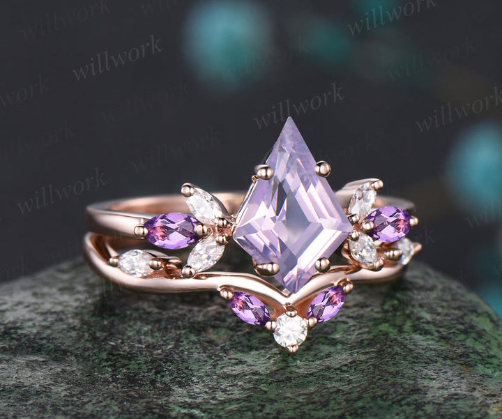 Kite cut Lavender amethyst ring set vintage opal moissanite cluster engagement ring curved matching band bridal set gifts