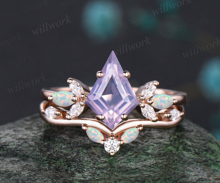 Kite cut Lavender amethyst ring set vintage opal moissanite cluster engagement ring curved matching band bridal set gifts