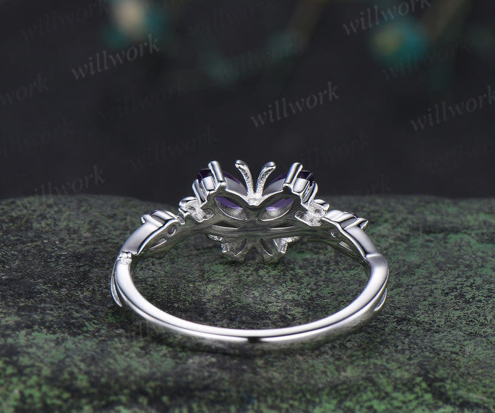 Butterfly Amethyst Engagement Ring solid 14k white gold February birthstone branch wedding ring women jewelry