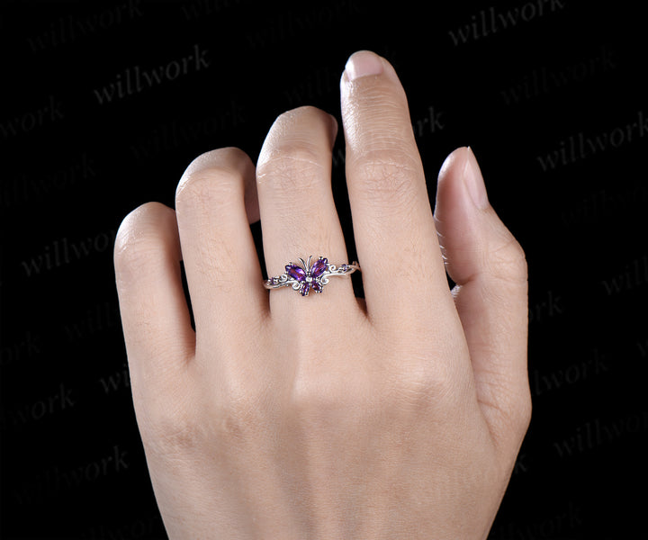 Butterfly Amethyst Engagement Ring solid 14k white gold February birthstone branch wedding ring women jewelry