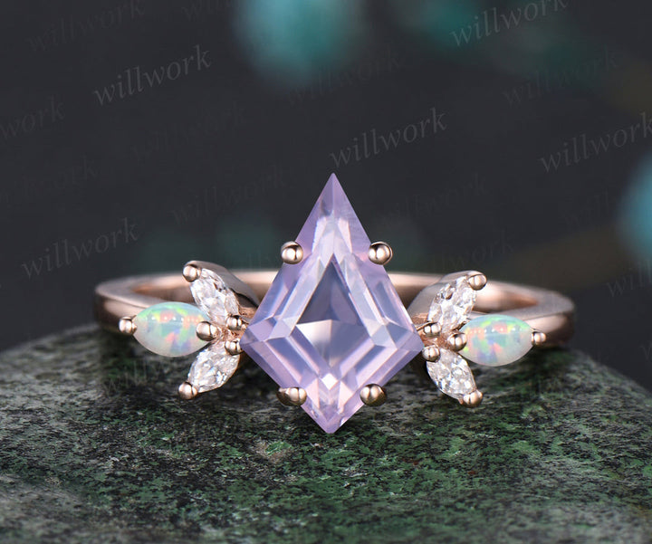 Kite cut Lavender amethyst ring set vintage opal moissanite cluster engagement ring curved matching band bridal set gifts