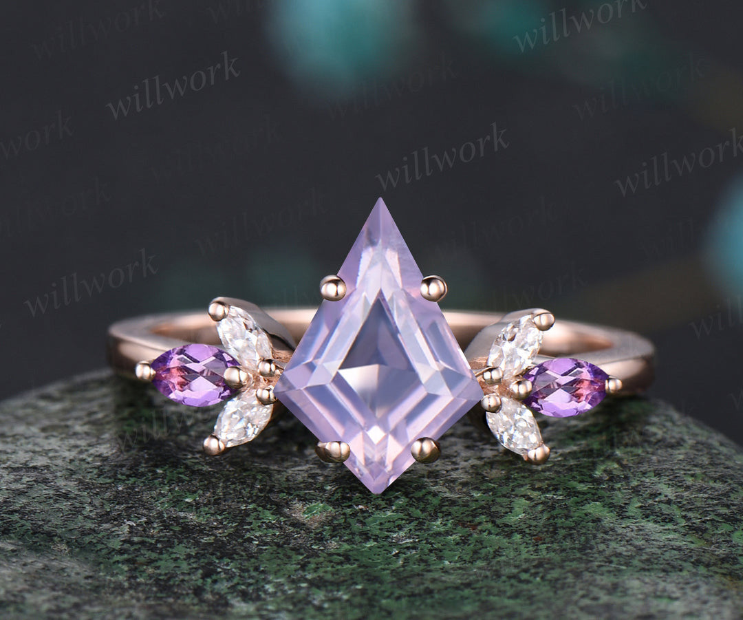 Kite cut Lavender amethyst ring set vintage opal moissanite cluster engagement ring curved matching band bridal set gifts