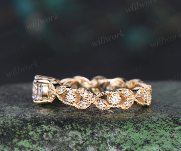 Vintage round cut IGI lab grown diamond engagement ring full eternity art deco leaf Milgrain diamond promise ring women