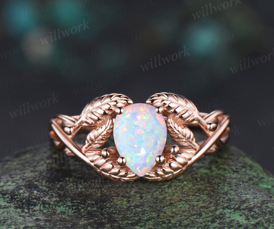 Pear shaped white opal wedding ring rose gold branch leaf Solitaire infinity engagement ring women Teardrop anniversary gift