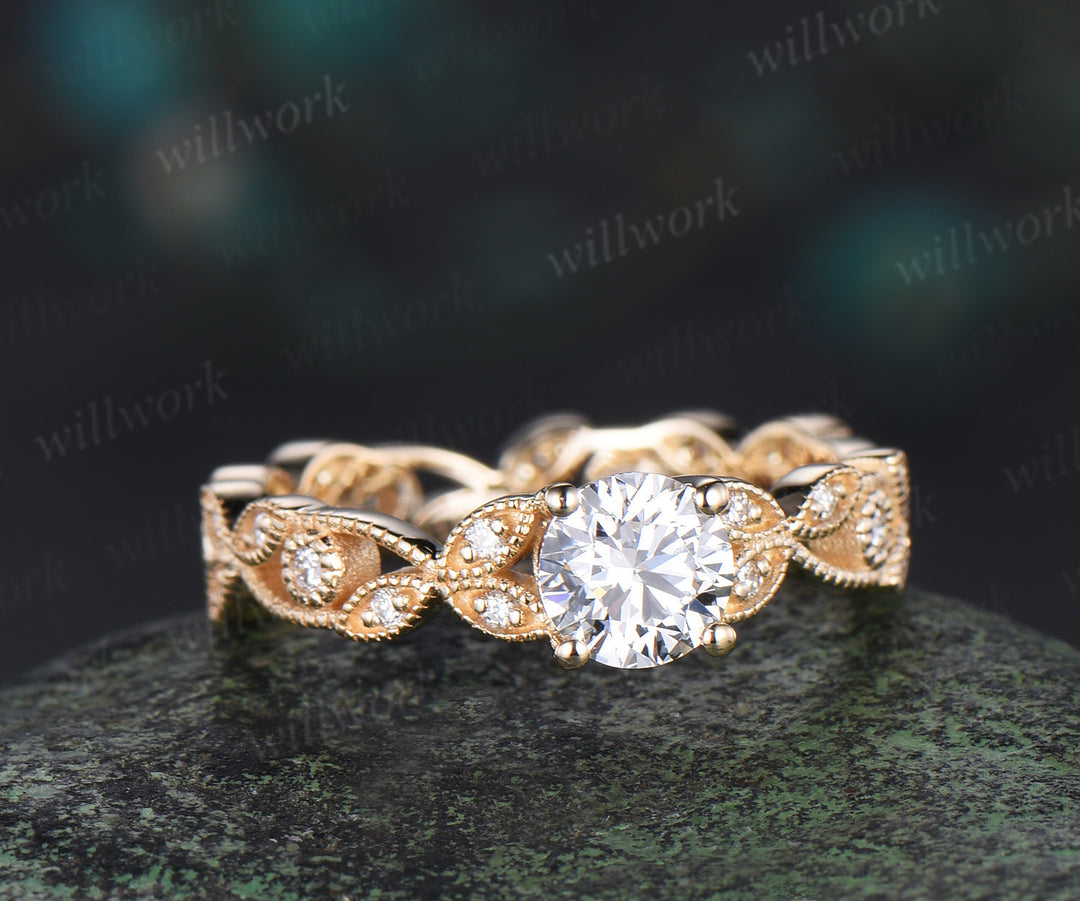 Vintage round cut IGI lab grown diamond engagement ring full eternity art deco leaf Milgrain diamond promise ring women
