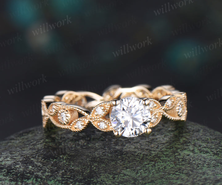 Vintage round cut IGI lab grown diamond engagement ring full eternity art deco leaf Milgrain diamond promise ring women