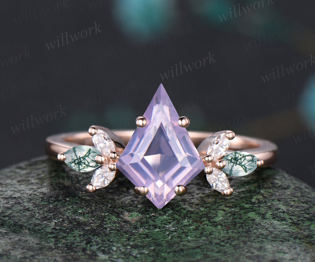 Kite cut Lavender amethyst ring set vintage opal moissanite cluster engagement ring curved matching band bridal set gifts
