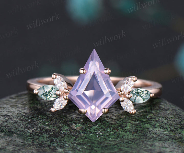 Kite cut Lavender amethyst ring set vintage opal moissanite cluster engagement ring curved matching band bridal set gifts