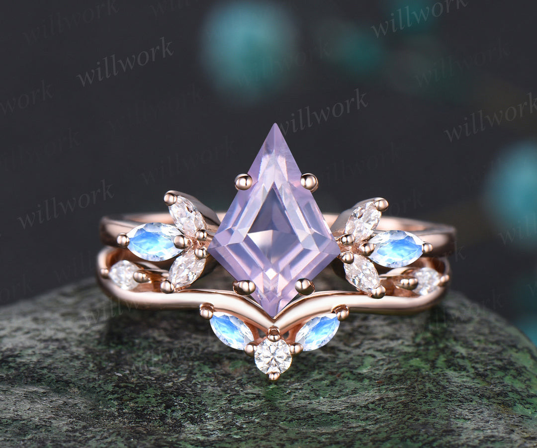 Kite cut Lavender amethyst ring set vintage opal moissanite cluster engagement ring curved matching band bridal set gifts