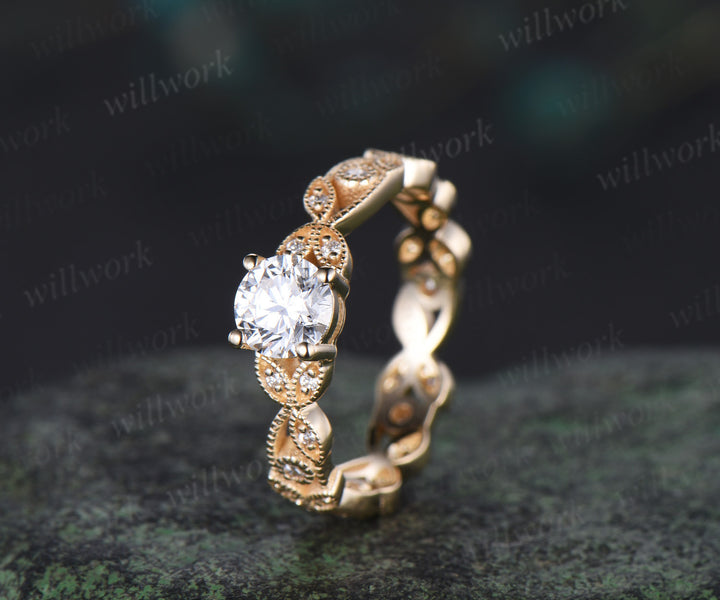 Vintage round cut IGI lab grown diamond engagement ring full eternity art deco leaf Milgrain diamond promise ring women