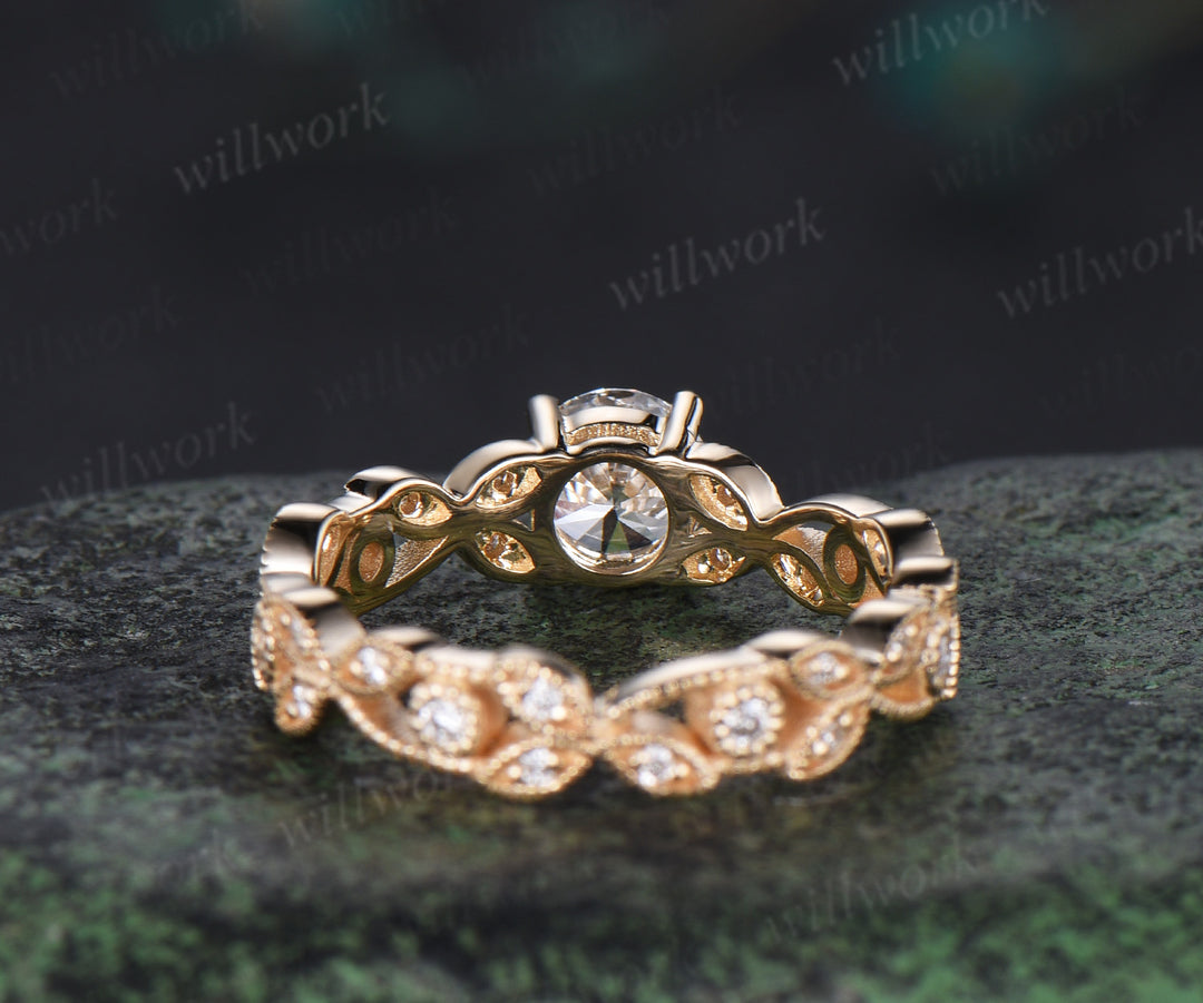 Vintage round cut IGI lab grown diamond engagement ring full eternity art deco leaf Milgrain diamond promise ring women