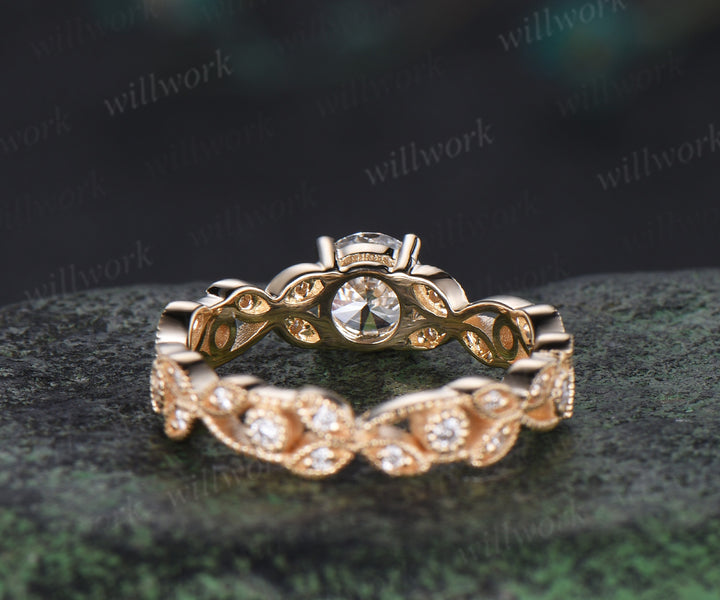 Vintage round cut IGI lab grown diamond engagement ring full eternity art deco leaf Milgrain diamond promise ring women