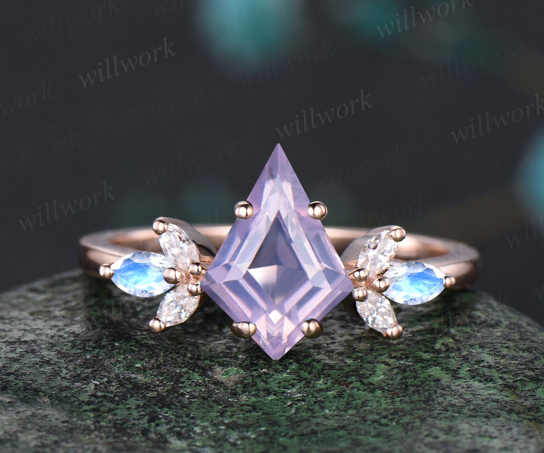 Kite cut Lavender amethyst ring set vintage opal moissanite cluster engagement ring curved matching band bridal set gifts
