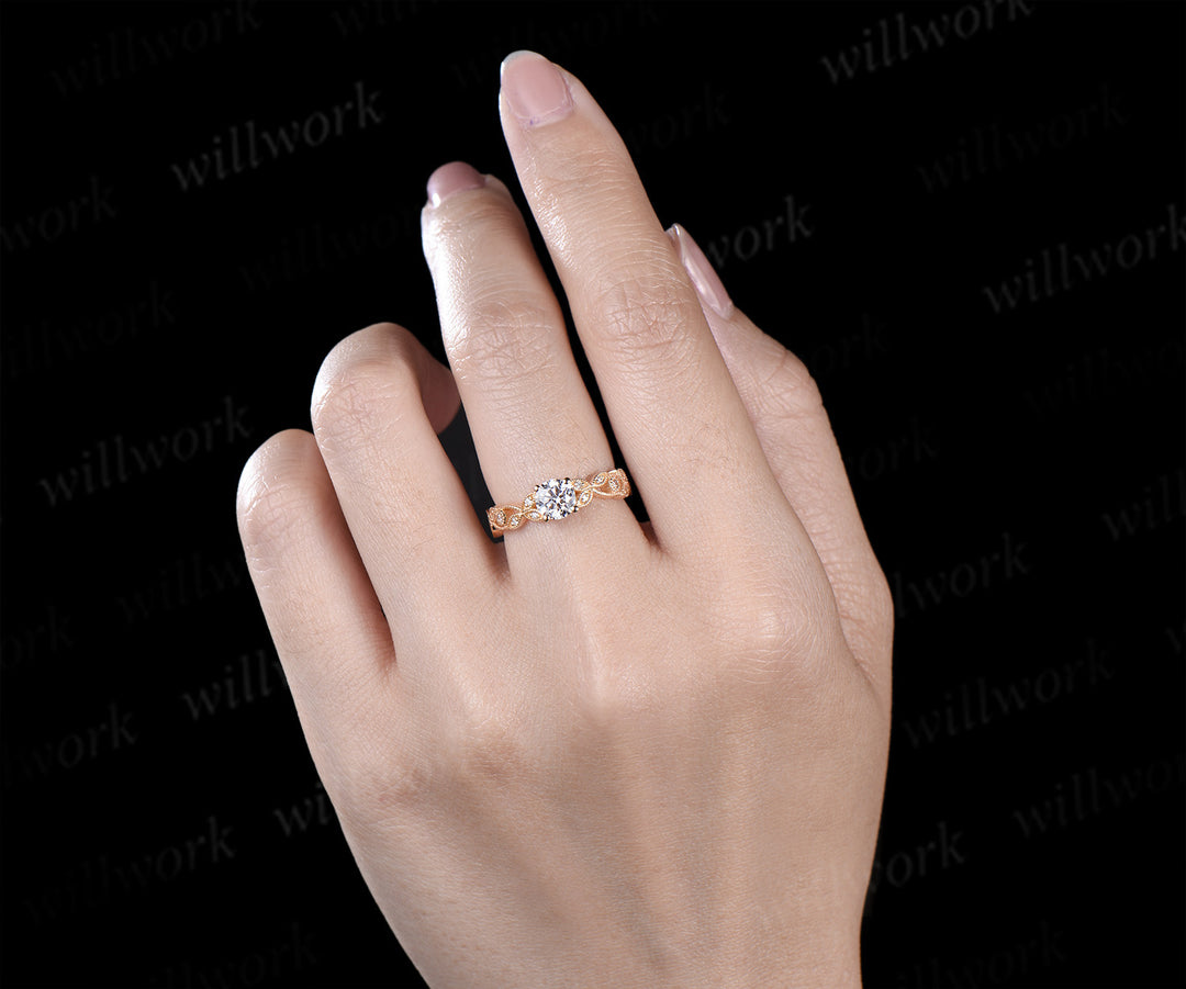 Vintage round cut IGI lab grown diamond engagement ring full eternity art deco leaf Milgrain diamond promise ring women