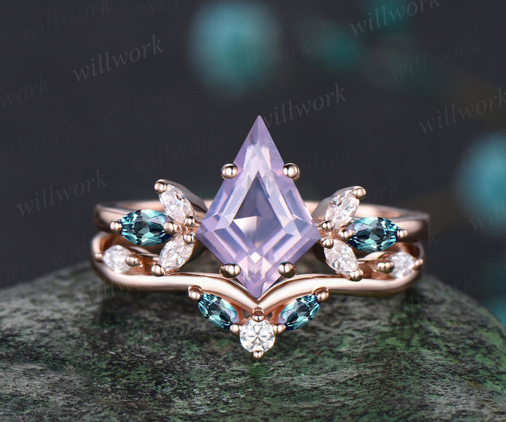 Kite cut Lavender amethyst ring set vintage opal moissanite cluster engagement ring curved matching band bridal set gifts