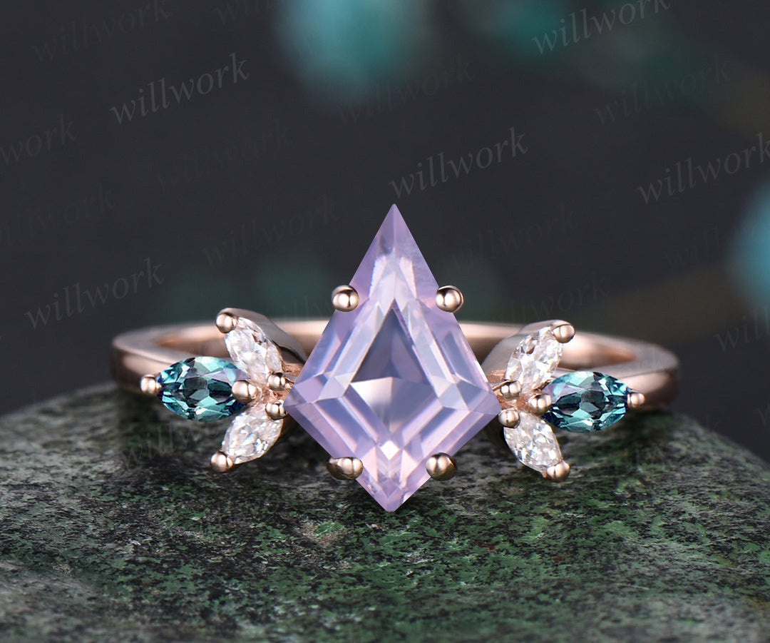 Kite cut Lavender amethyst ring set vintage opal moissanite cluster engagement ring curved matching band bridal set gifts