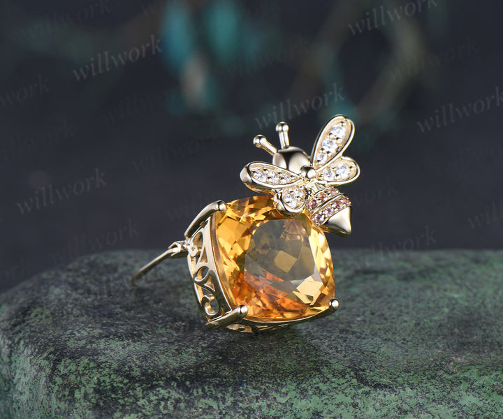 Cushion citrine bumblebee brooch pave moissanites pink tourmalines lapel pins cute bee brooch jewelry gifts for women