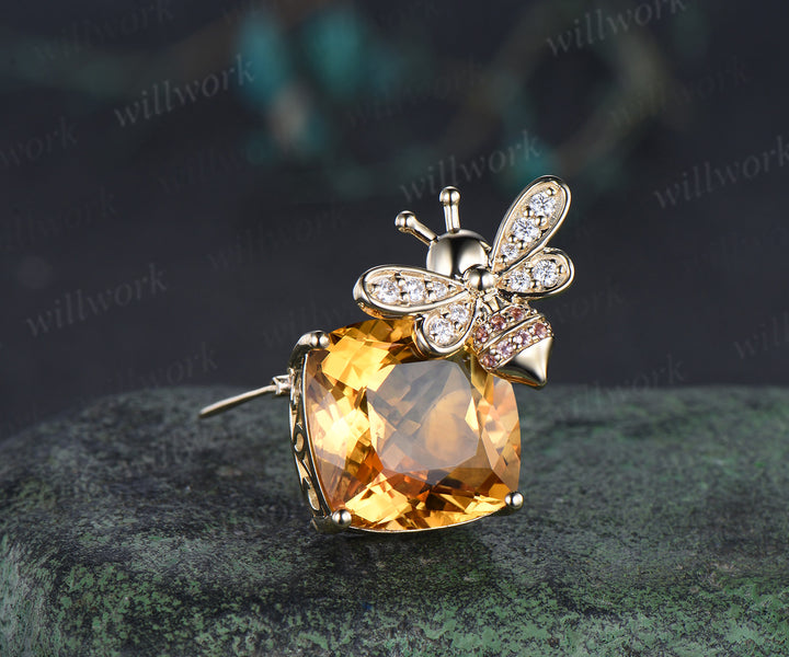 Cushion citrine bumblebee brooch pave moissanites pink tourmalines lapel pins cute bee brooch jewelry gifts for women