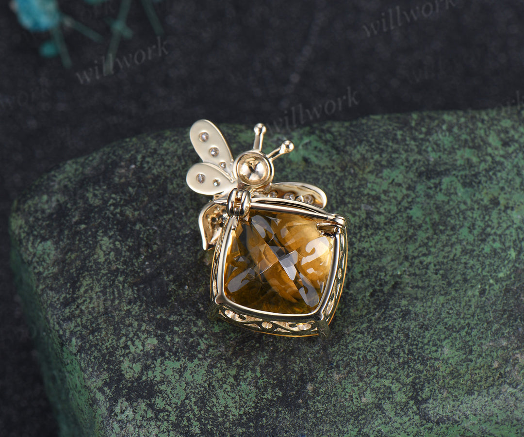 Cushion citrine bumblebee brooch pave moissanites pink tourmalines lapel pins cute bee brooch jewelry gifts for women