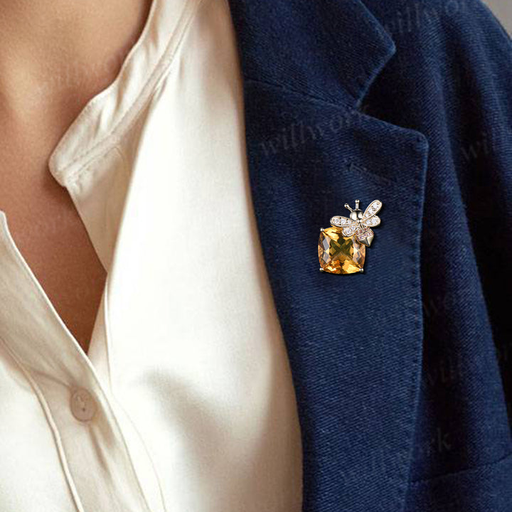 Cushion citrine bumblebee brooch pave moissanites pink tourmalines lapel pins cute bee brooch jewelry gifts for women
