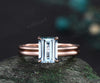 Emerald cut natural aquamarine Solitaire engagement ring set rose gold Minimalist promise bridal ring set