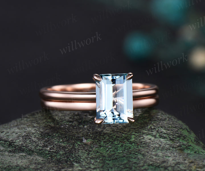 Emerald cut natural aquamarine Solitaire engagement ring set rose gold Minimalist promise bridal ring set