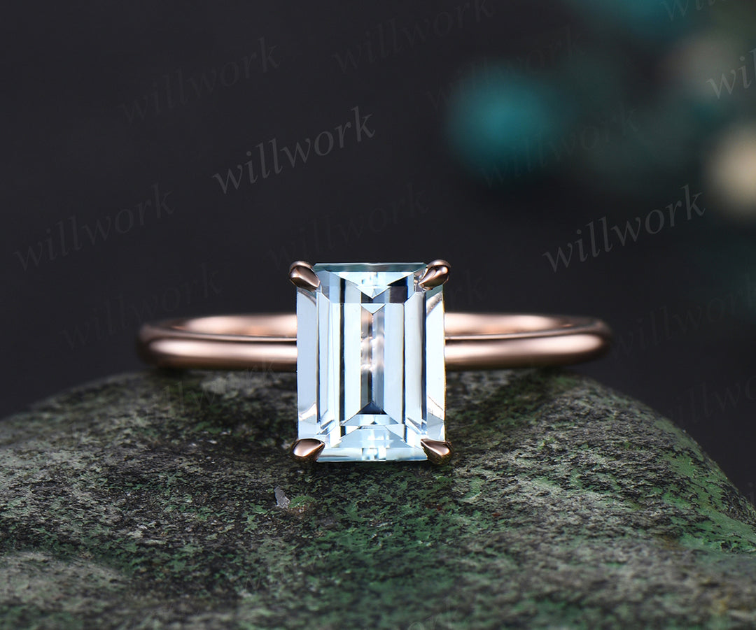 Emerald cut natural aquamarine Solitaire engagement ring set rose gold Minimalist promise bridal ring set