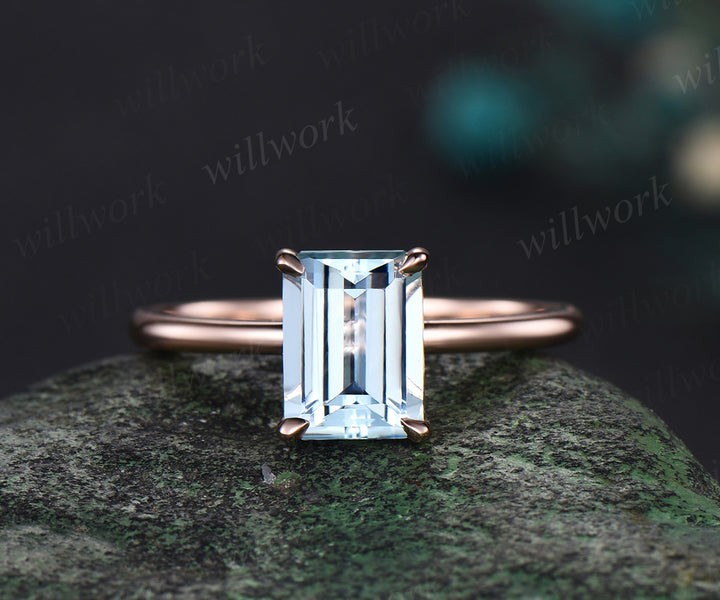 Emerald cut natural aquamarine Solitaire engagement ring set rose gold Minimalist promise bridal ring set