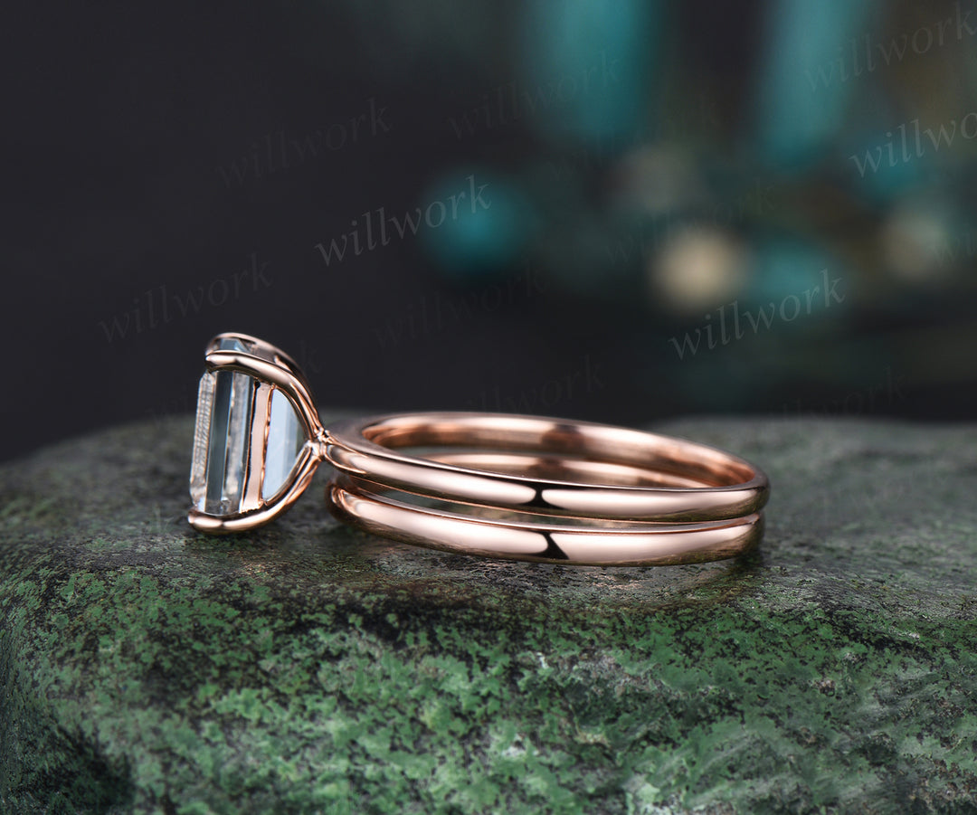 Emerald cut natural aquamarine Solitaire engagement ring set rose gold Minimalist promise bridal ring set