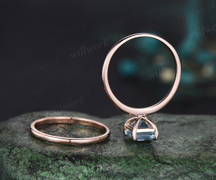 Emerald cut natural aquamarine Solitaire engagement ring set rose gold Minimalist promise bridal ring set