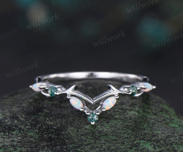 Curved marquise opal moss agate wedding band nature inspired twig branches band white gold stacking ring for women