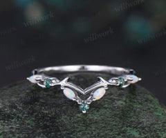 Curved marquise opal moss agate wedding band nature inspired twig branches band white gold stacking ring for women