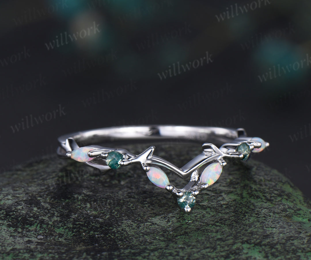 Curved marquise opal moss agate wedding band nature inspired twig branches band white gold stacking ring for women