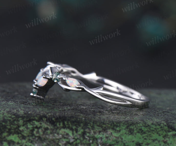 Curved marquise opal moss agate wedding band nature inspired twig branches band white gold stacking ring for women