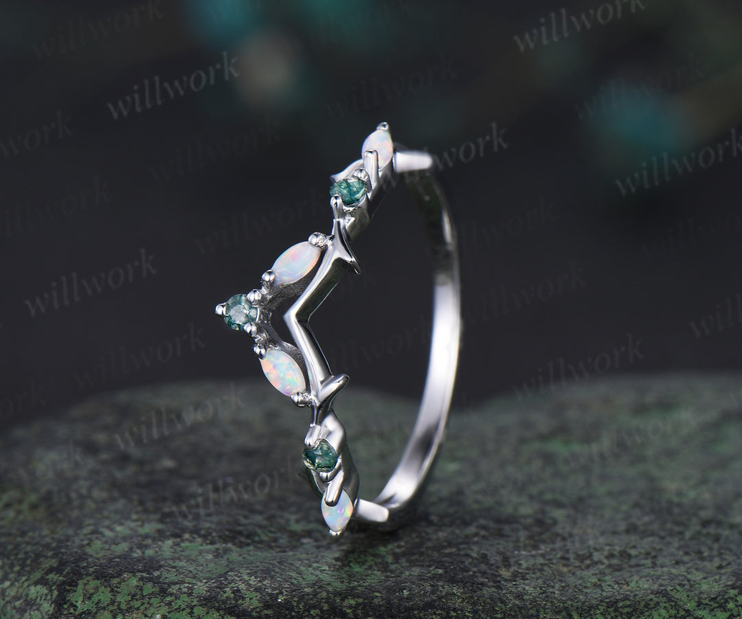 Curved marquise opal moss agate wedding band nature inspired twig branches band white gold stacking ring for women