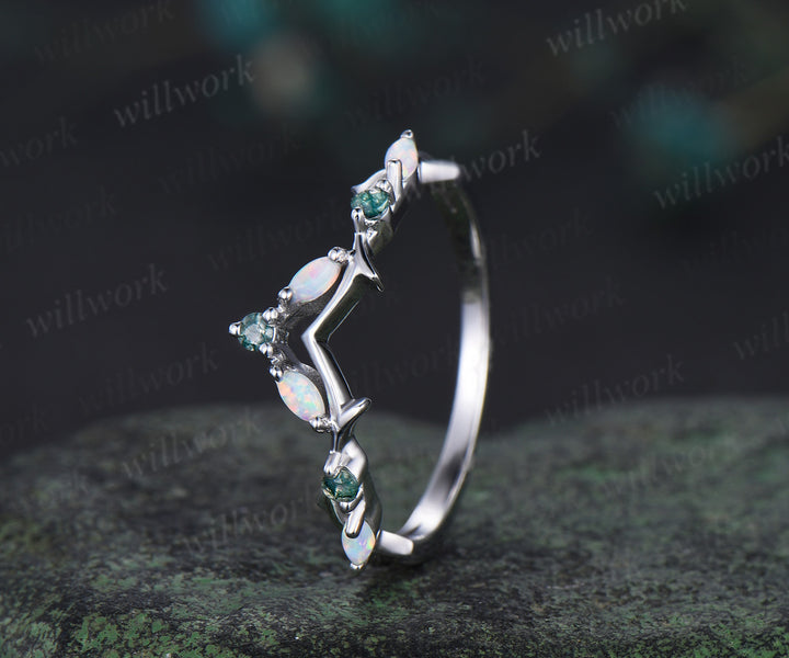 Curved marquise opal moss agate wedding band nature inspired twig branches band white gold stacking ring for women
