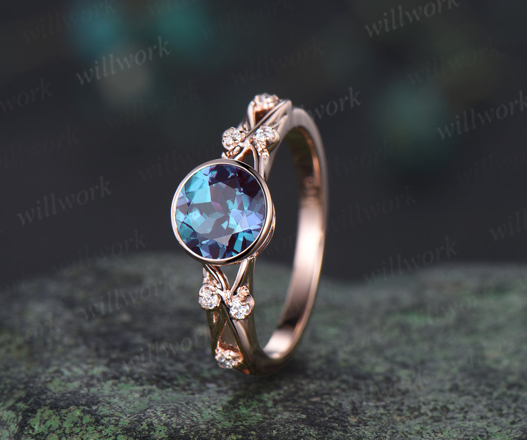 1ct round cut alexandrite bezel engagement ring split shank infinity diamond ring women unique promise ring