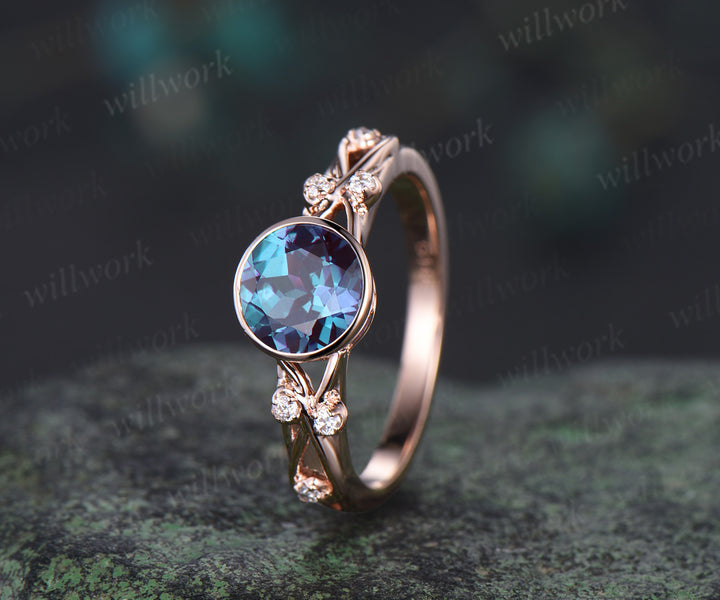 1ct round cut alexandrite bezel engagement ring split shank infinity diamond ring women unique promise ring