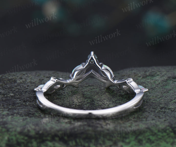 Curved marquise opal moss agate wedding band nature inspired twig branches band white gold stacking ring for women