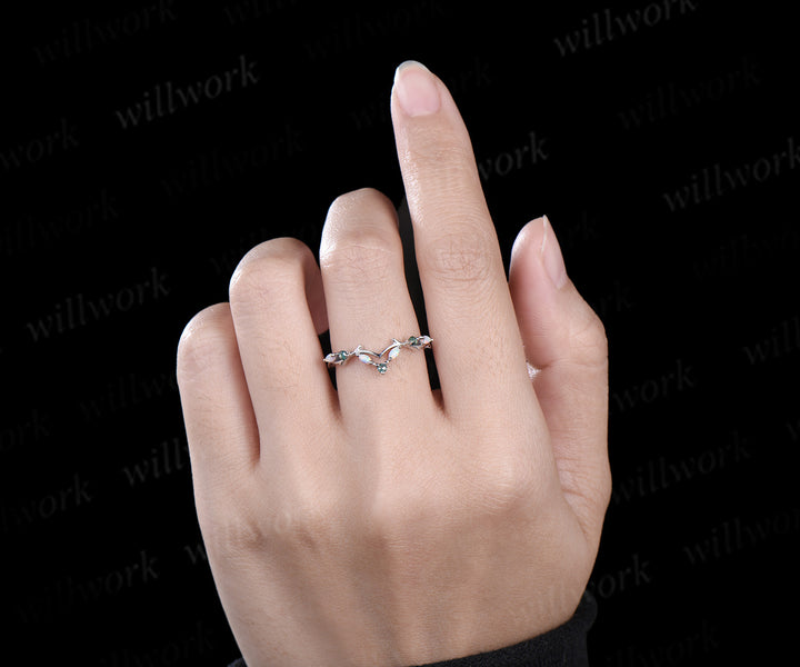 Curved marquise opal moss agate wedding band nature inspired twig branches band white gold stacking ring for women