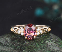 Oval cut Pink tourmaline engagement ring vintage infinity diamond promise ring women yellow gold