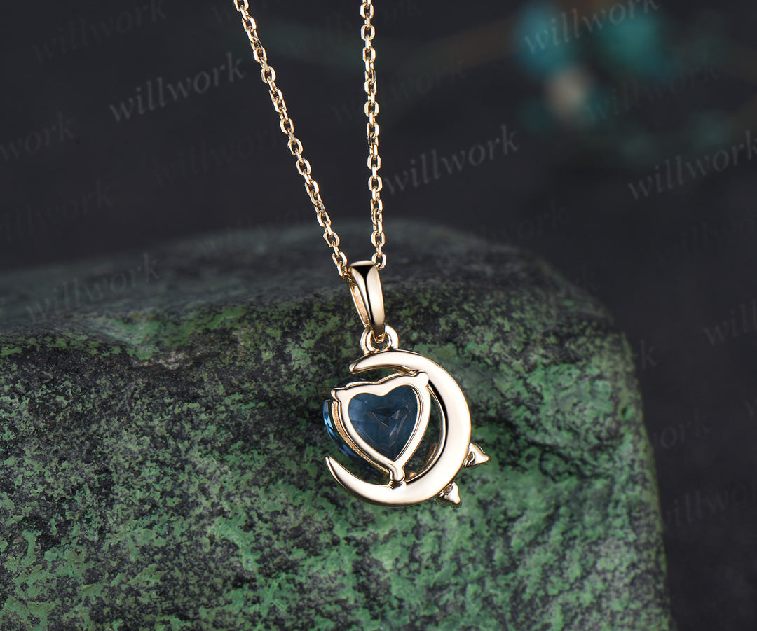 Vintage heart shaped London blue topaz necklace14k yellow gold cluster moon snowdrift diamond pendant women anniversary gift