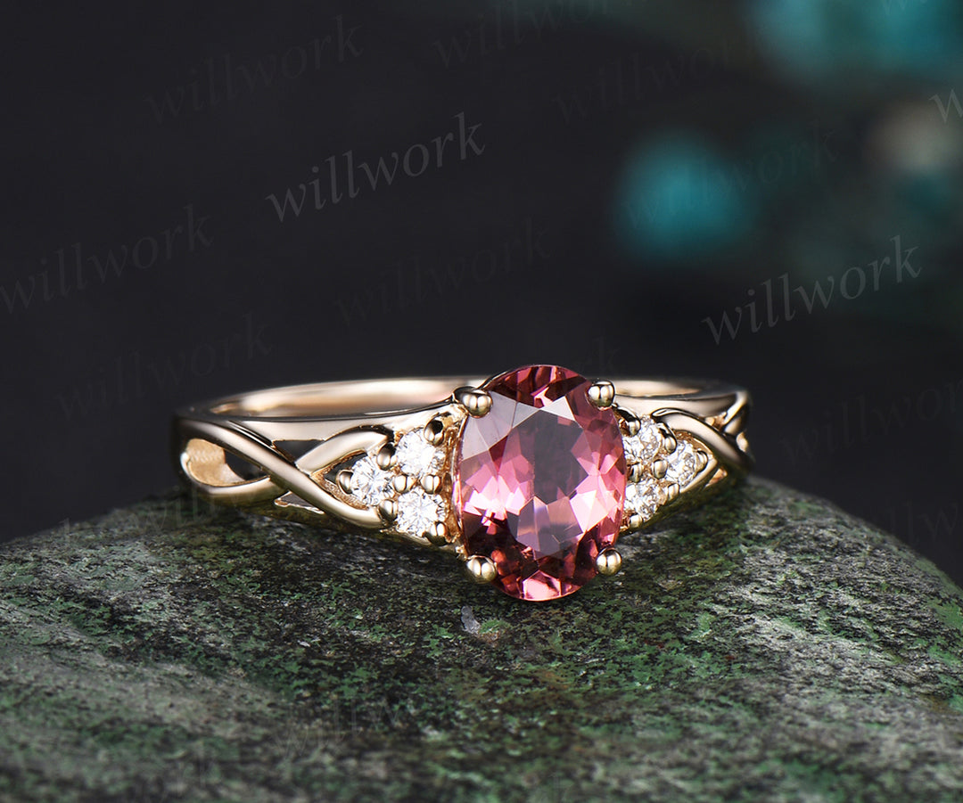 Oval cut Pink tourmaline engagement ring vintage infinity diamond promise ring women yellow gold