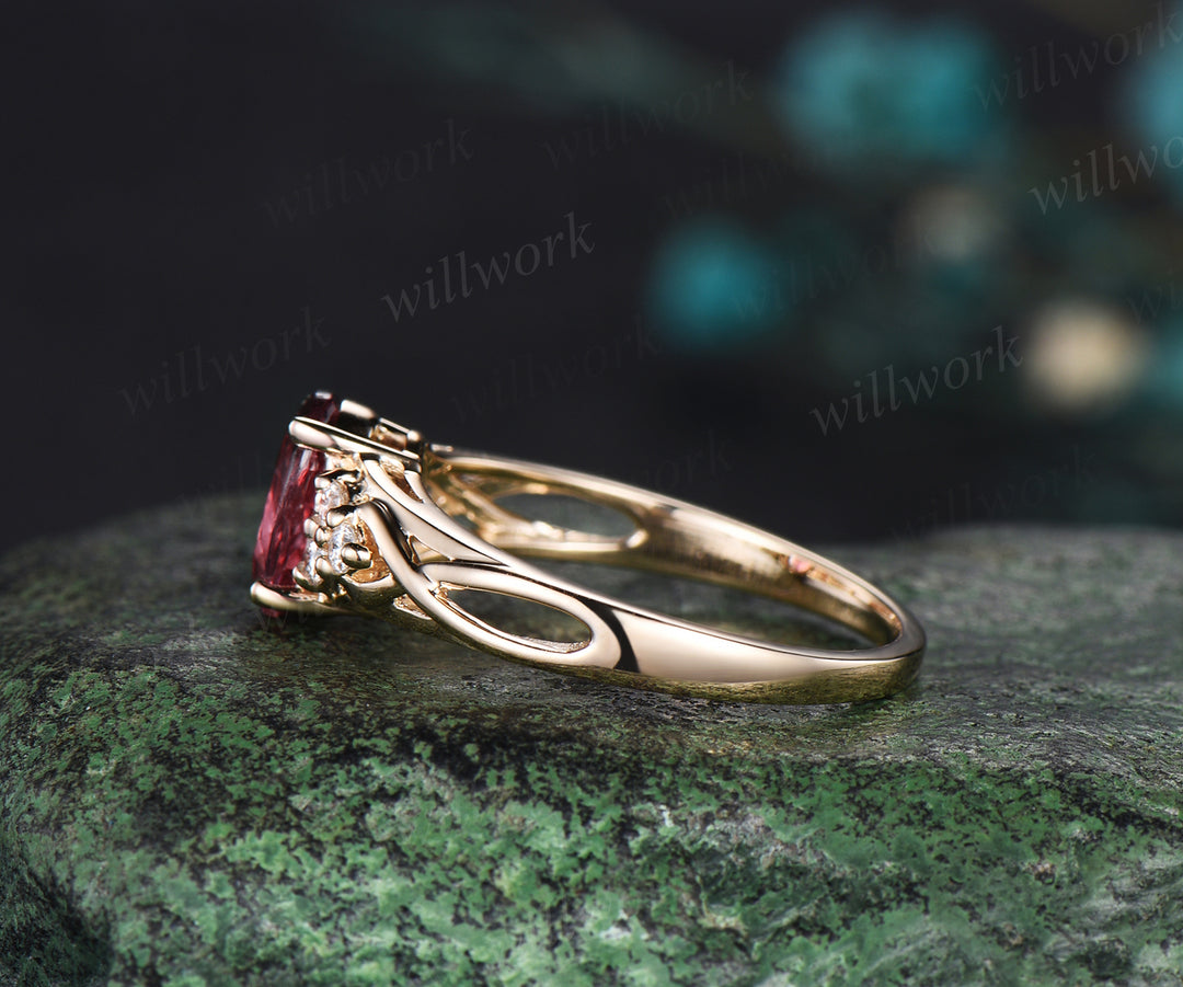 Oval cut Pink tourmaline engagement ring vintage infinity diamond promise ring women yellow gold