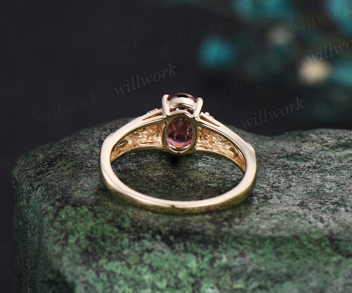 Oval cut Pink tourmaline engagement ring vintage infinity diamond promise ring women yellow gold