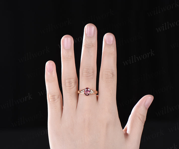 Oval cut Pink tourmaline engagement ring vintage infinity diamond promise ring women yellow gold