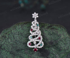 Christmas Tree Brooch Round Ruby Emerald Lapel Pin Pave Moissanie Jewelry Xmas Gift for Women