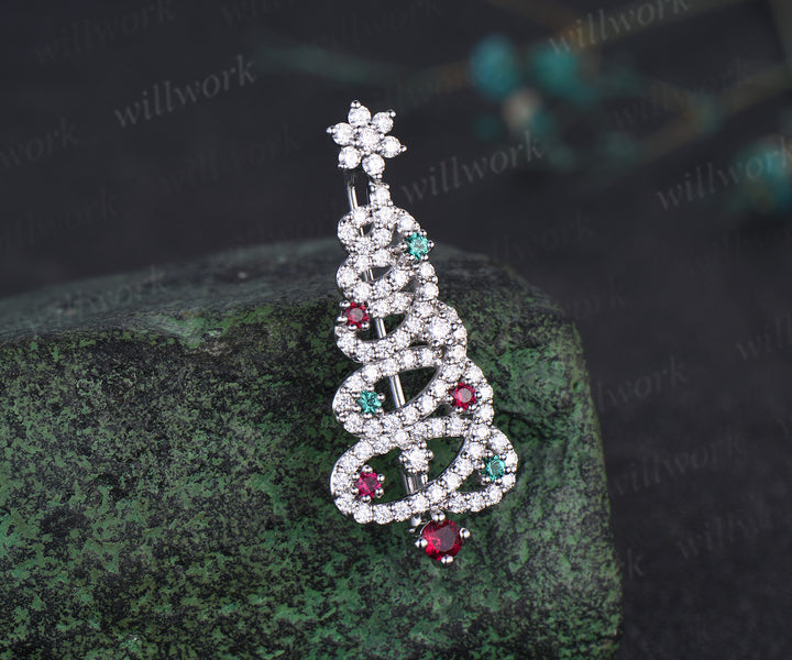 Christmas Tree Brooch Round Ruby Emerald Lapel Pin Pave Moissanie Jewelry Xmas Gift for Women